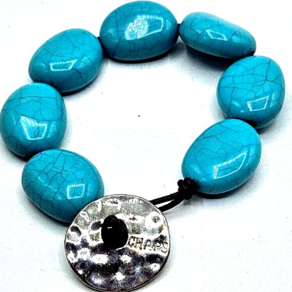 Signed Chaps Bracelet Teal Blue Button Irregular Faux Turquoise Gemstone Sz 8" - Picture 1 of 4